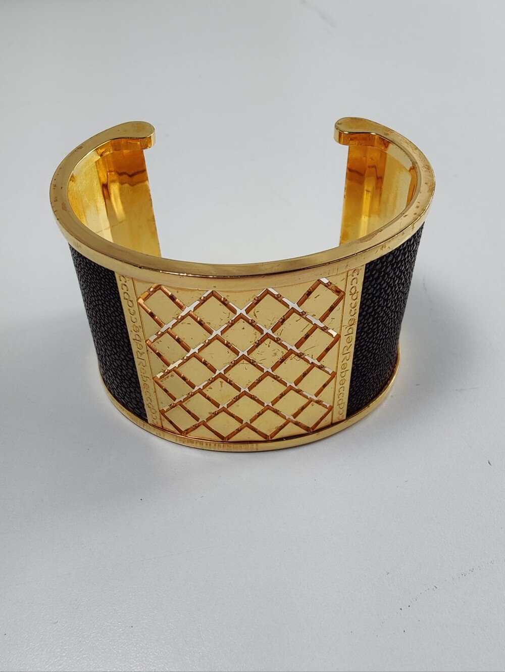 Rebecca Italy Wide Gold Tone Brown Textured Cuff Bracelet Designer Statement - Picture 3 of 14